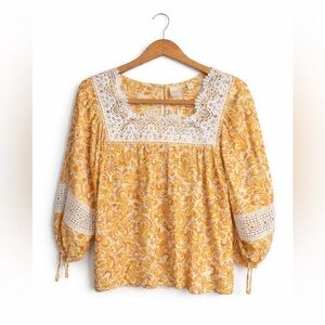 Zac & Rachel Floral Yellow Boho Blouse with Lace Medium NWT Cottagecore Romantic